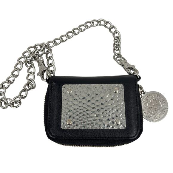 Charm and Luck Zip Around Wallet with Chain Black Leather Silver Hammered Metal - Picture 1 of 9